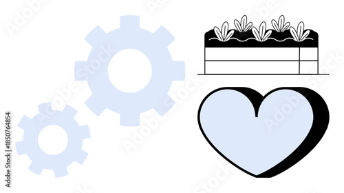 Sustainability, teamwork, growth, innovation, love for nature, eco-friendliness. Gears, heart and garden bed with plants elements. Sustainability and teamwork concept