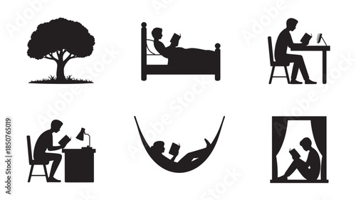 Silhouette of people working and relaxing in various settings with peaceful atmosphere in black and white for lifestyle illustration