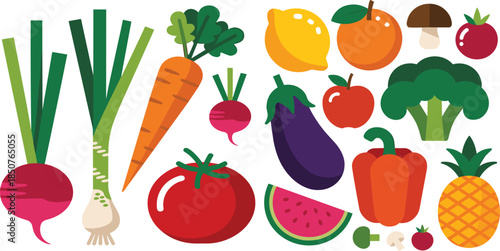 Flat vector collection of fresh organic vegetables and fruits including radish carrot tomato broccoli eggplant pineapple and watermelon for healthy nutrition.