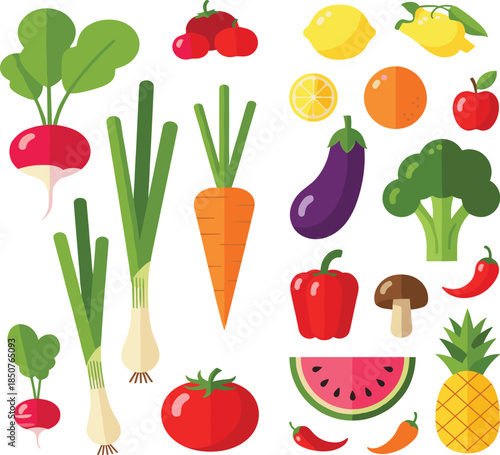 Flat vector set of organic fruits and vegetables including radish carrot tomato eggplant broccoli pineapple and watermelon icons for healthy eating.