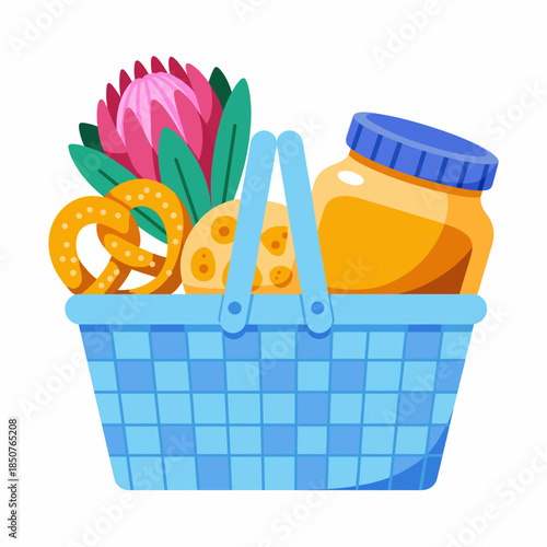 A blue shopping basket filled with snacks and a flower, representing the joy of grocery shopping and the delight of preparing for a meal or gathering with loved ones.
