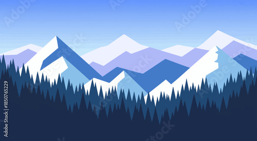 A stunning mountain landscape with snow-capped peaks and dense forests, showcasing the beauty and tranquility of nature in cool blue and green shades.