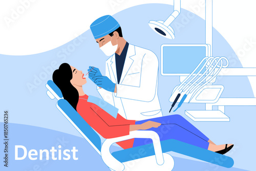 A professional-looking dentist treating a patient in a modern dental clinic, highlighting the importance of dental care and oral hygiene in a clinical setting.