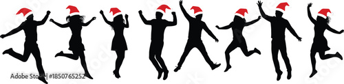 Jumping silhouettes, Santa hats, festive celebration, holiday joy, Christmas spirit, black figures, winter energy, group pose, expressive gesture, seasonal cheer, emotional moment
