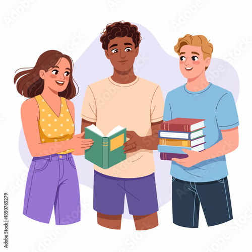 Three friends share a joyful moment discussing books together, with one holding a book and others carrying stacks. This image highlights connection, friendship, and a love for reading.
