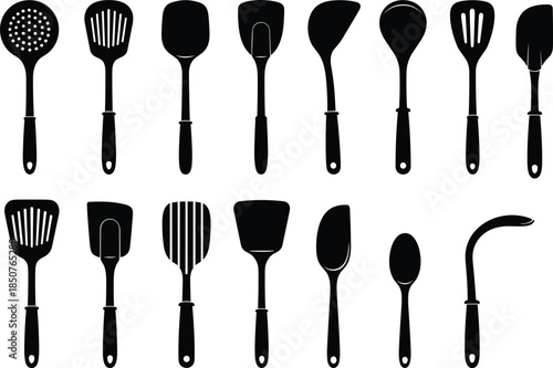 Kitchen utensil silhouettes set, black cooking tools icons, spatula ladle spoon turner collection, minimalist vector illustration, isolated white background design