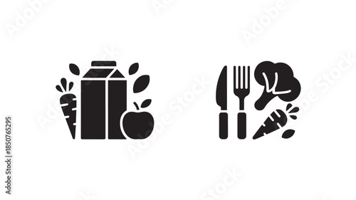Healthy Meal Icons in Simple Flat Design with Black Color on White Background for Nutrition Website