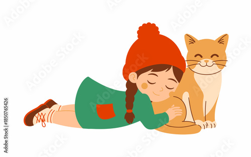 A joyful child cuddles with her cat, showcasing the warmth of companionship and innocence, embodying happiness and affection in a playful atmosphere.