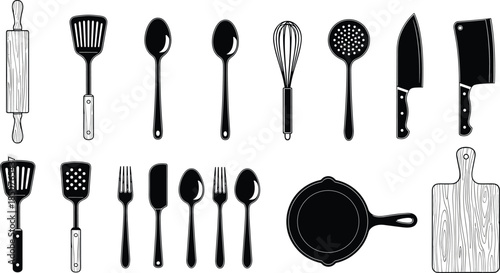 Kitchen utensils silhouette set illustration with spoons, knives, spatulas, cookware tools, monochrome cooking icons isolated on white background