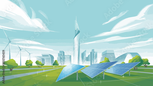 This bright, modern cityscape showcases renewable energy elements like solar panels and wind turbines, symbolizing a sustainable and innovative approach to urban development.