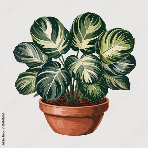 This image features a beautiful green houseplant with striking variegated leaves in a terracotta pot, adding a touch of nature and elegance to any interior space.