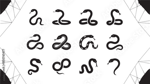 Snake Silhouettes Collection in Modern Minimalist Design with Black and White Color Scheme on Geometric Background for Tattoo or Logo Design