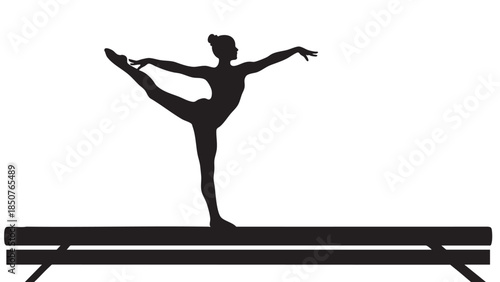 Silhouette of a female gymnast performing a balancing pose on a beam