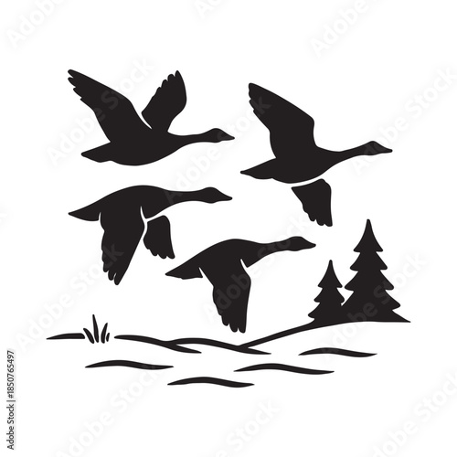 Flying Geese Silhouettes Over Forest Landscape Vector Illustration