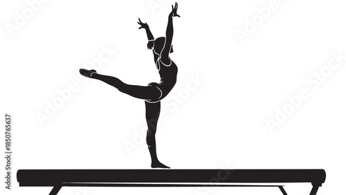 Silhouette of a female gymnast performing a dance move on a balance beam