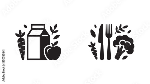 Healthy Meal Ingredients and Utensils in Minimalist Black Silhouette on White Background for Nutrition and Wellness