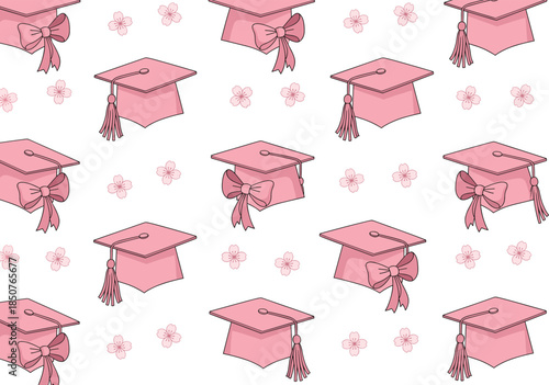 A seamless vector pattern of soft pink cartoon graduation caps (mortarboards) with tassels and bows, scattered among light pink cherry blossoms 