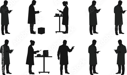 Laboratory scientist silhouettes, research activity poses, lab coat and tablet, scientific analysis, data handling, grayscale vector, STEM concept