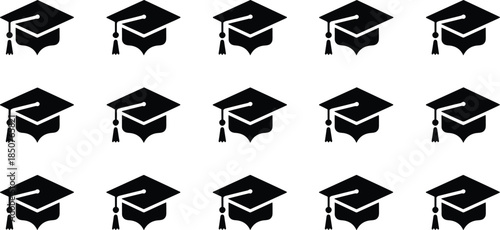 A vector set of fifteen uniform solid black graduation cap icons (mortarboards) with tassels, arranged in rows, perfect for educational achievement, commencement ceremony 