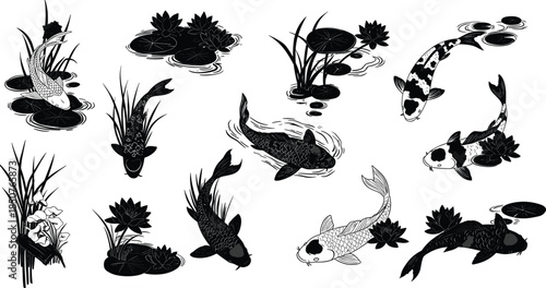 Koi, fish, silhouette, lotus, water, nature, Japanese, art, peaceful, aquatic, plants, traditional, swimming, black, white, illustration, graceful, pond, reeds, harmony