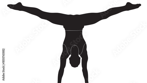 Silhouette of a woman performing a handstand with legs spread wide and arms supporting her body on transparent background