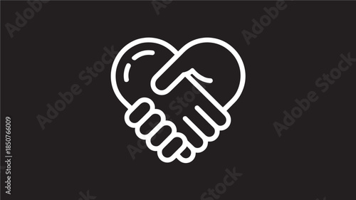 Handshake in Heart Shape Minimalist White Icon on Dark Background for Charity Logo