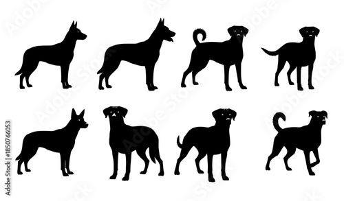 Black standing dog silhouette vector set with dynamic canine poses