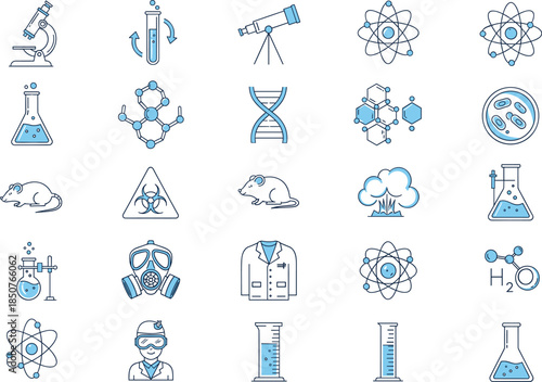 A comprehensive vector set of science and research icons in a blue duotone outline style, featuring lab equipment, atoms, DNA, chemistry, and biology elements