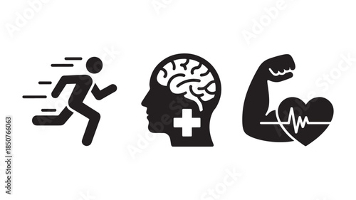 Health and Wellness Icons in Simple Flat Design with Black Color on White Background for Fitness and Medical Use
