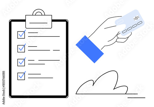 Financial transactions, organization, digital payments, task completion, e-commerce, business operations. A hand holding a credit card next to a checklist. Financial transactions and organization