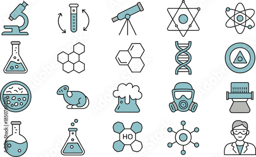 A comprehensive vector set of chemistry and lab icons in a clean duotone outline style, featuring flasks, DNA, molecules