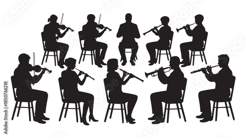 Silhouetted Musicians Playing Trumpets in Concert Formation with Dramatic Lighting on White Background for Music Event