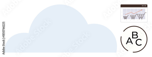Large cloud shape with upward graph on online shopping carts and letters in a circle. Ideal for technology, e-commerce, education, analytics, innovation, connectivity, digital progress. A simple flat