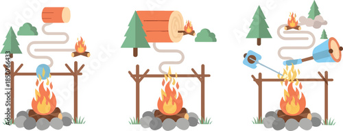 Firewood Logging and Campfire Cooking Illustration Set