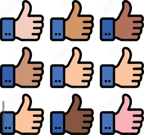 A vector set of nine thumbs-up icons featuring diverse skin tones and colors, perfect for inclusive user interface design, social media features, and multicultural communication graphics.
