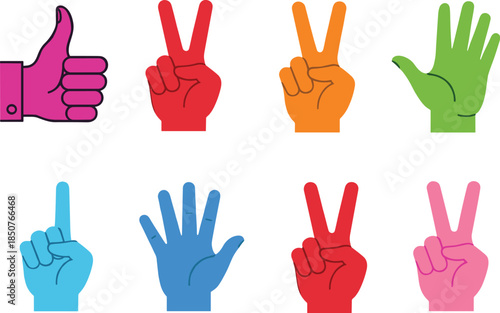 A concise vector set of eight colorful flat hand gestures, including thumbs-up, peace/victory sign, open palm, and counting fingers, perfect for educational, sign language, and simple graphic design.