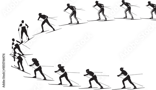 Cross Country Skier Silhouettes in Dynamic Motion with Monochromatic Color Scheme on White Background for Sports Illustration