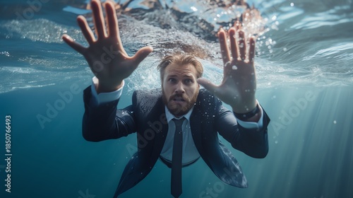 Man struggles underwater in a suit and tie.