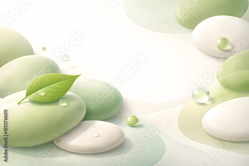 Soft green eco background with leaves, water droplets and copy space, symbolizing nature, freshness and sustainability