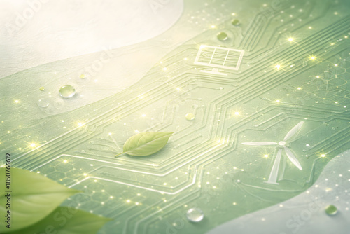 Soft green eco background with leaves, water droplets and copy space, symbolizing nature, freshness and sustainability