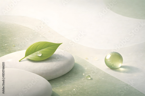 Soft green eco background with leaves, water droplets and copy space, symbolizing nature, freshness and sustainability