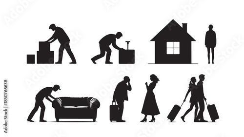 Moving people with furniture and luggage in black silhouette style on white background for illustration