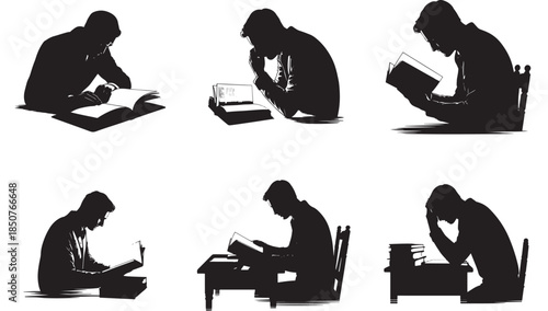 Man Reading Book in Various Poses Silhouette in Black and White with Dramatic Lighting for Editorial Use
