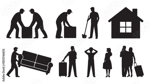 Moving people silhouettes in various actions with furniture and house in black and white for relocation services