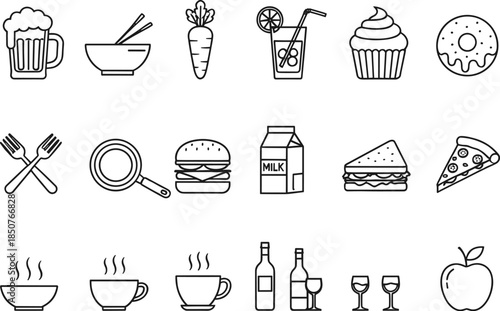 A concise vector set of clean black outline food and beverage icons, featuring fast food, desserts, drinks, and kitchenware, perfect for simple menus, apps, and culinary graphic design.