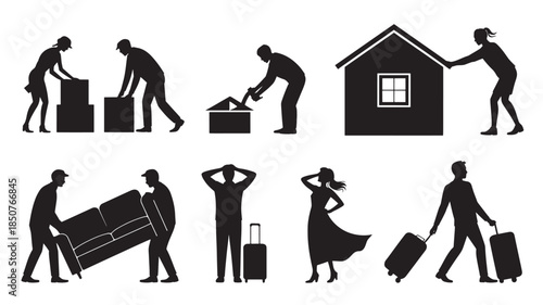 People Moving House Silhouettes in Simple Black Style on White Background for Illustration