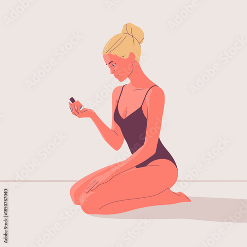 A stylish woman kneels gracefully while examining a nail polish bottle, emphasizing beauty and self-care in a chic and minimalistic environment.