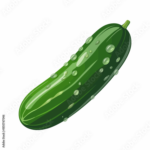 A glistening fresh cucumber adorned with water droplets highlights its crisp texture and vibrant color, perfect for salads or healthy snacking.