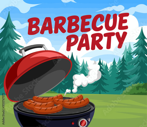 A vibrant illustration of a barbecue grill covered with delicious sausages, set in a lush green outdoor environment, symbolizing camaraderie and joy in gatherings and celebrations.
