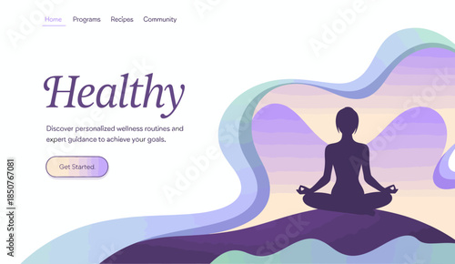 This image represents a serene wellness journey, showcasing a person meditating amidst abstract colorful shapes, symbolizing tranquility, mindfulness, and personal growth.